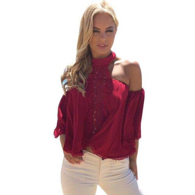 Summer Beach Wear Halter Blouse 2017 Womens Off Shoulder Red Lace Splice Shirt Loose Chiffon Red Tops Shirt - mens-accessorie