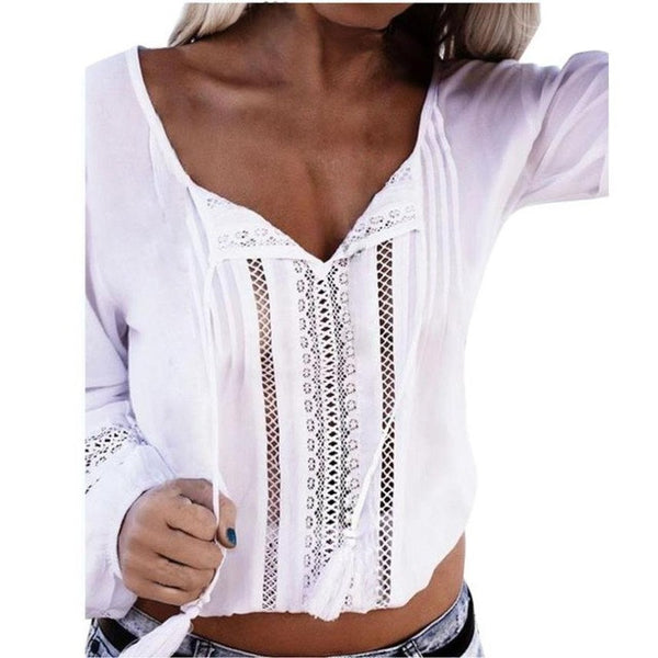 Hollow out Women Blouse 2017 Summer Beach wear White Shirts Casual Long Sleeve Lace Splice V-Neck Tops blusa feminina - mens-accessorie
