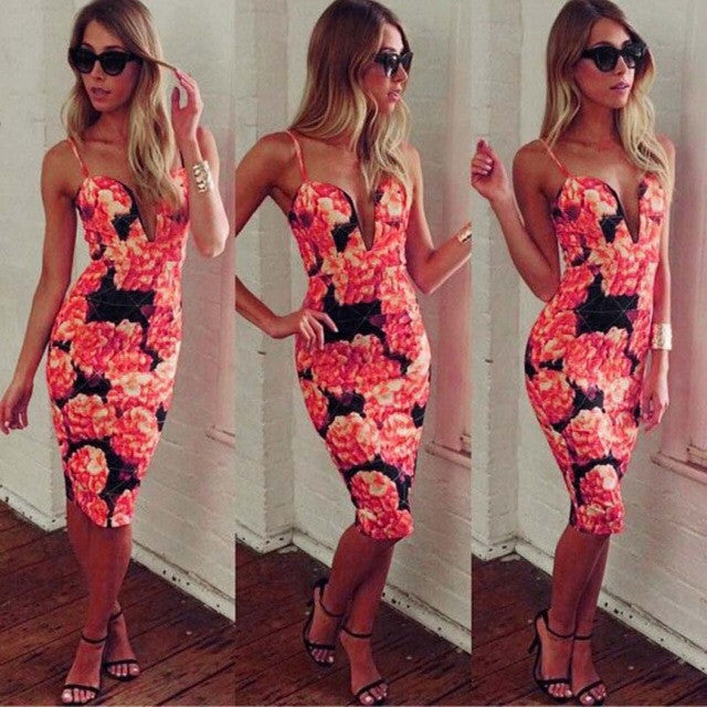 Woman Sling V-neck Sexy Spaghetti Strap Small Package Hip Sculpting Print summer Flowr Floral Party Dress large size #LSW - mens-accessorie