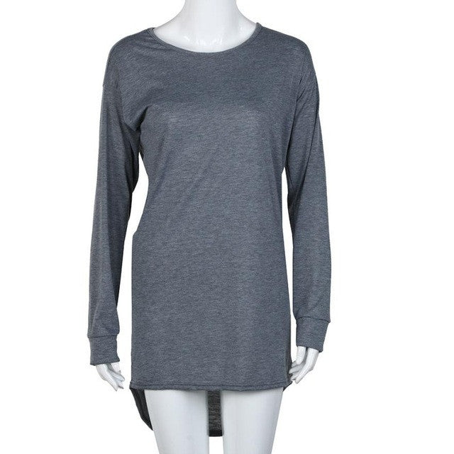 Women Blouse High Low Dip Hem Baggy Long Batwing Oversized Casual O-neck Wear Long Top Blouse Gray Black - mens-accessorie