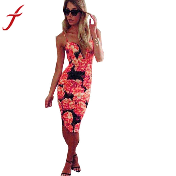 Woman Sling V-neck Sexy Spaghetti Strap Small Package Hip Sculpting Print summer Flowr Floral Party Dress large size #LSW - mens-accessorie