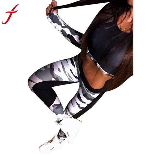 Fitness Wear Tank tops Women Tracksuit Camouflage Stitching Sets Loose Crop Tops Long Sleeve Vest Singlet for Workout vest - mens-accessorie