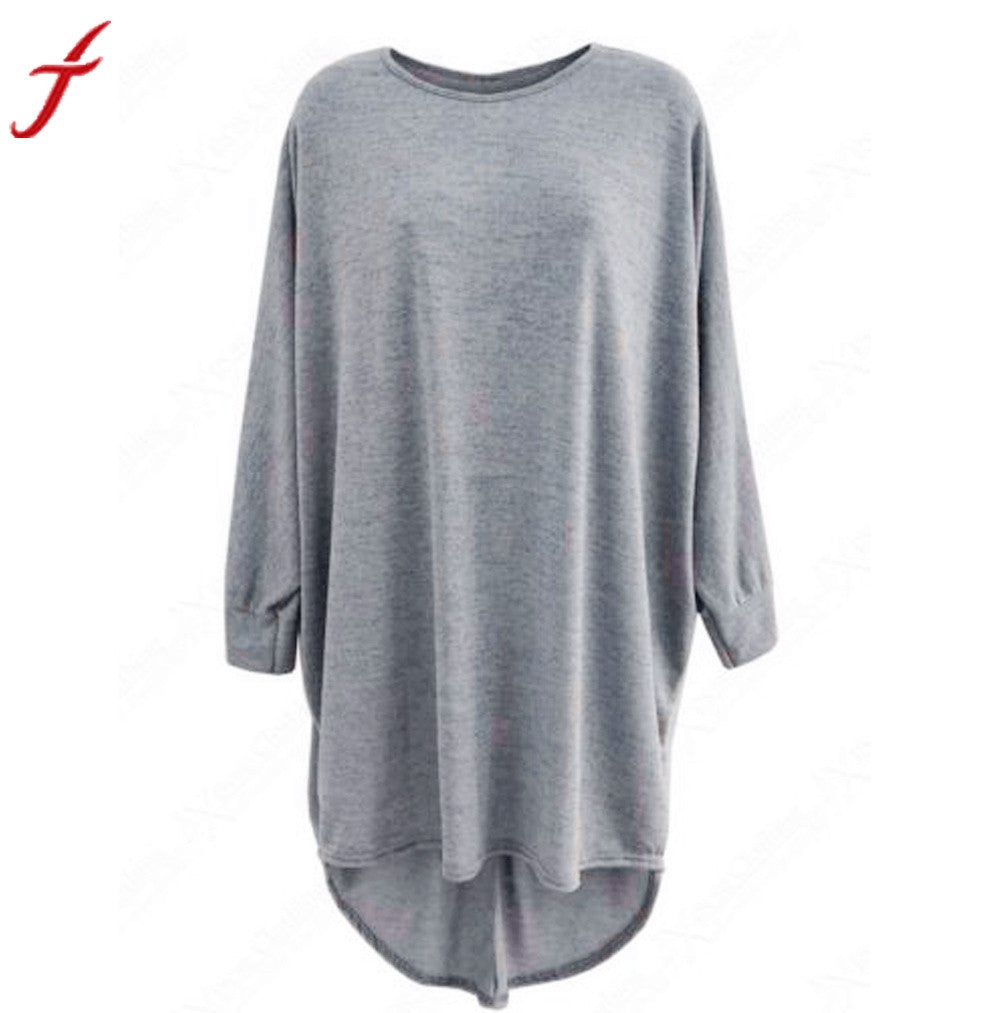 Women Blouse High Low Dip Hem Baggy Long Batwing Oversized Casual O-neck Wear Long Top Blouse Gray Black - mens-accessorie