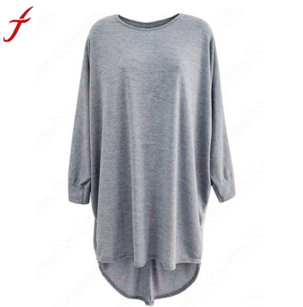 Women Blouse High Low Dip Hem Baggy Long Batwing Oversized Casual O-neck Wear Long Top Blouse Gray Black - mens-accessorie