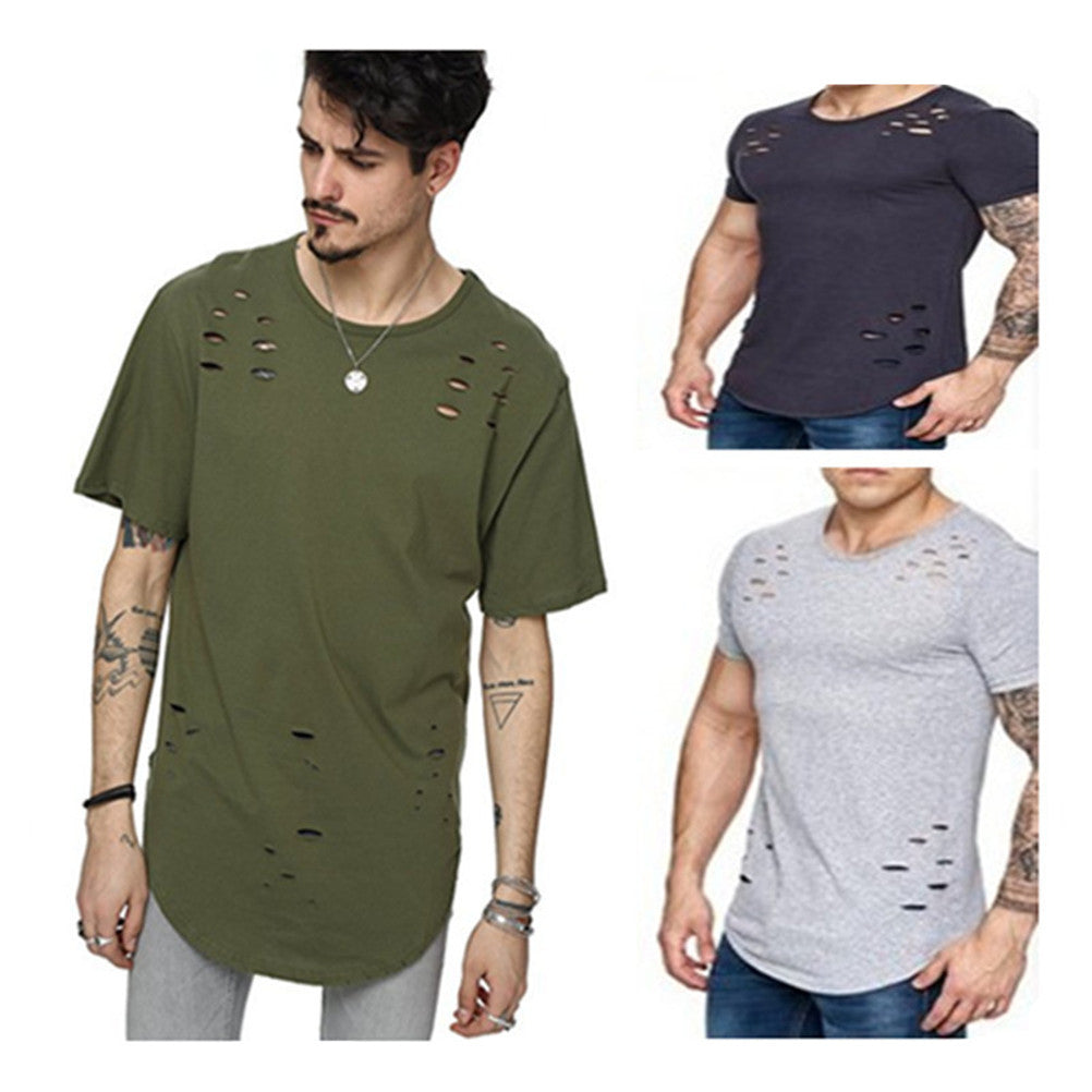 Street Wear T-shirt Holes Hip Hop Short Sleeve T-shirts Men O-neck Loose Tops - mens-accessorie