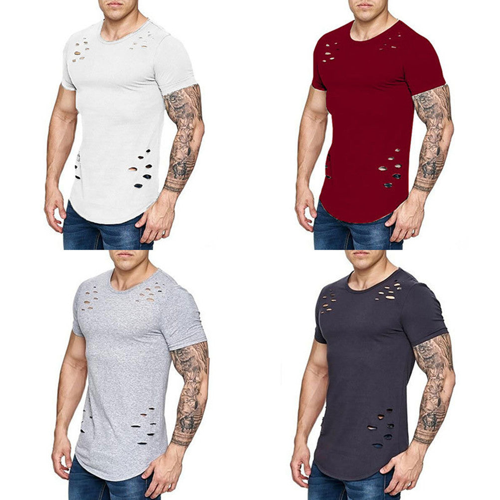 Street Wear T-shirt Holes Hip Hop Short Sleeve T-shirts Men O-neck Loose Tops - mens-accessorie